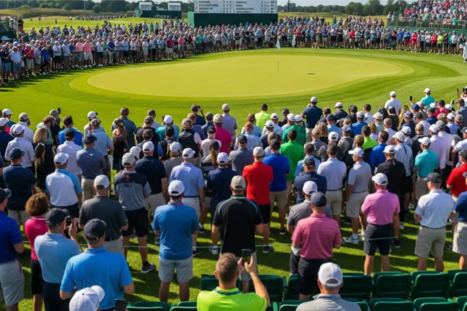 Publik följer en PGA Tour-turnering med live-resultat på tavla vid green