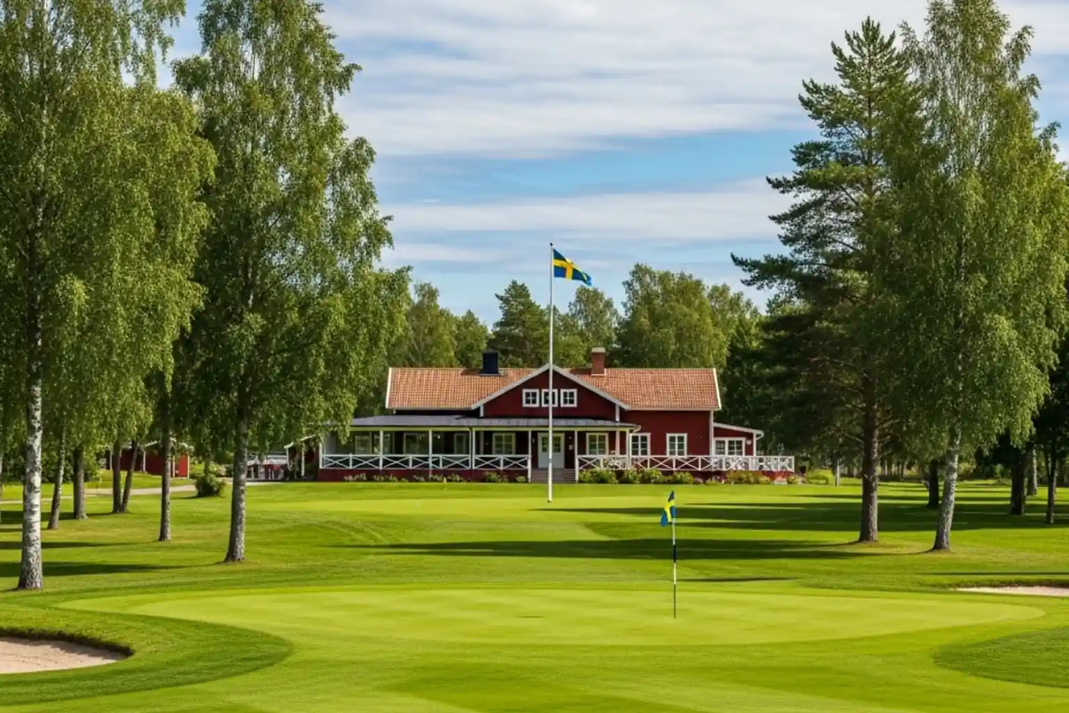 Svensk golfbana i sommarlandskap med klubbhus och flagga vid green