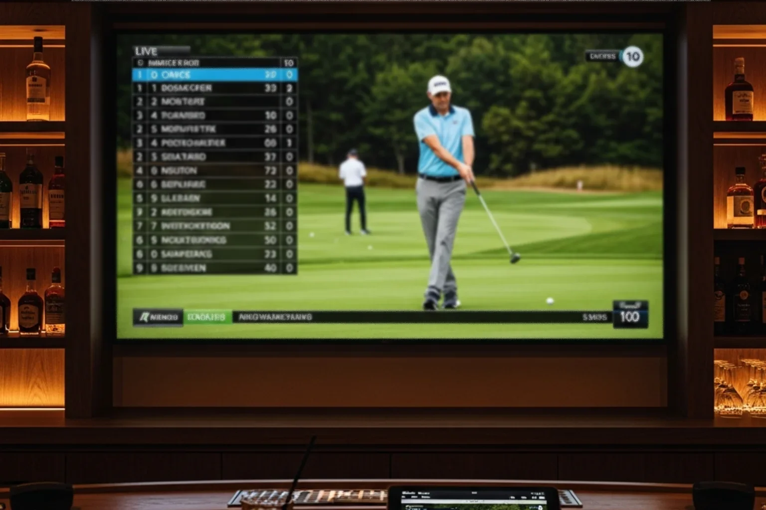 Sportbar med golfturneringssändning och oddstavla synlig i bakgrunden