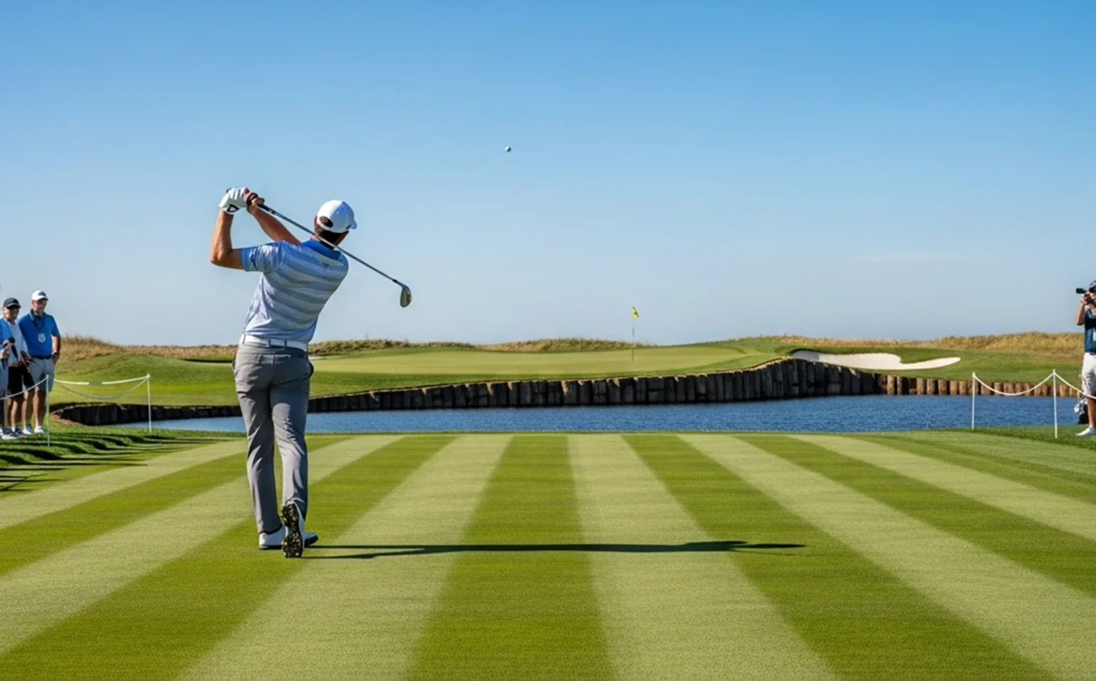 Golfspelare slår ett approachslag mot green under PGA Tour-turnering