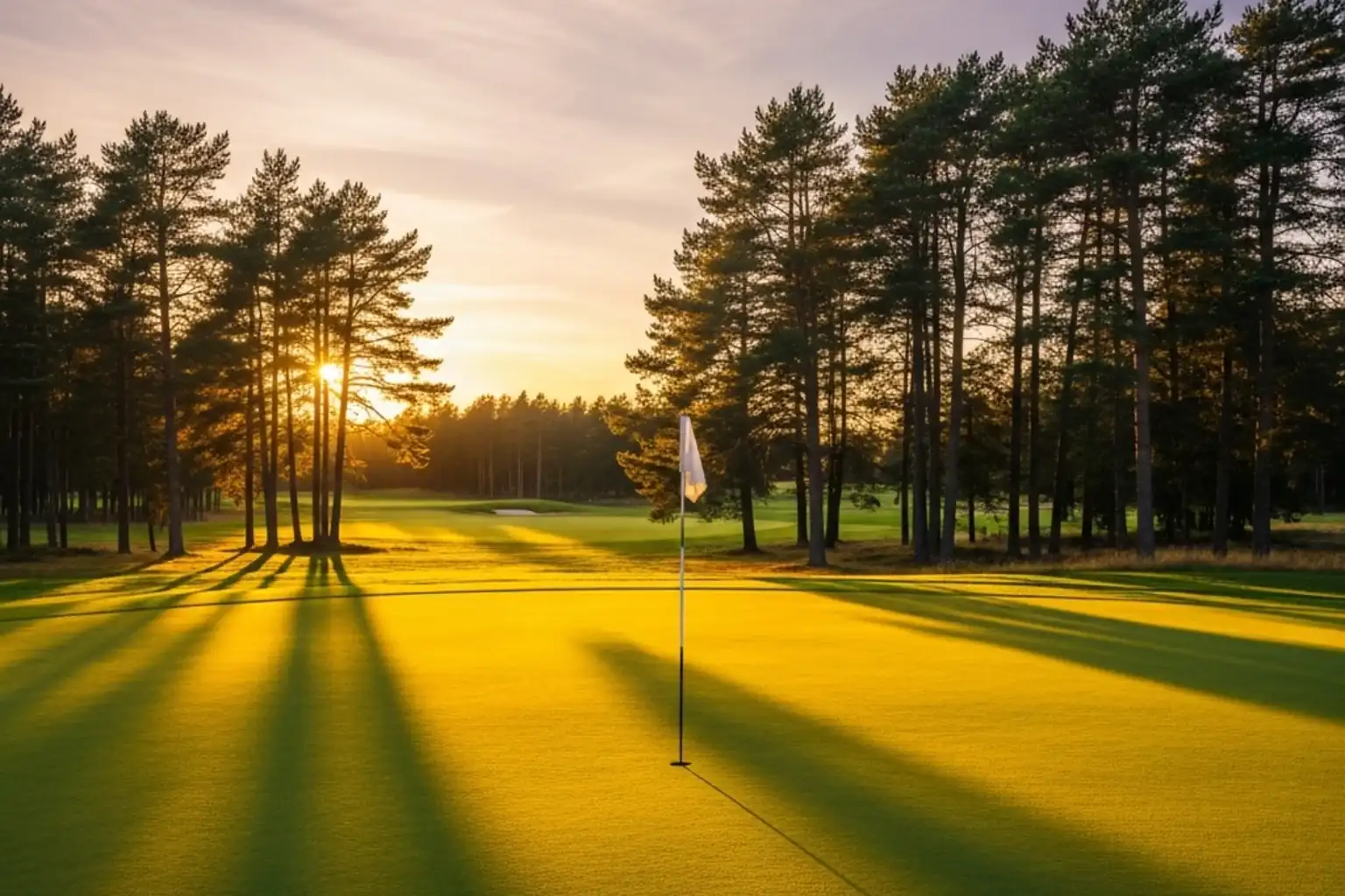 Golfbana med greensidevy i kvällsljus